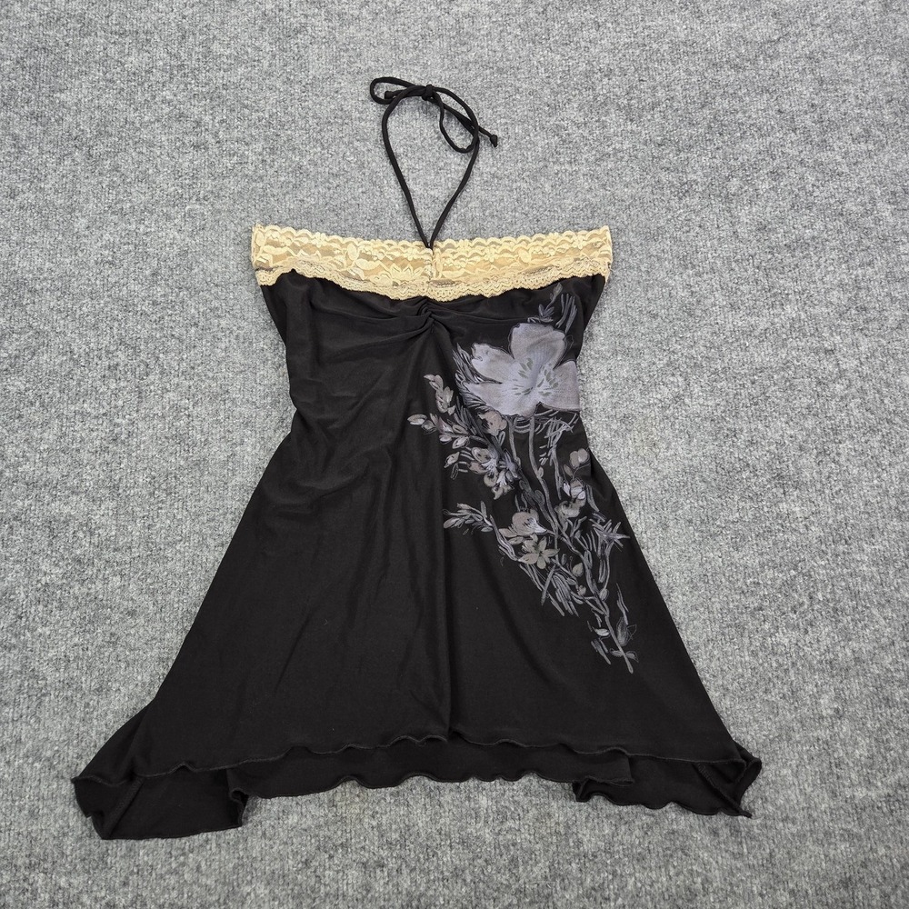 Babydoll‎ Vintage Y2k Womens Small Black Floral Lace Halter Tie Back